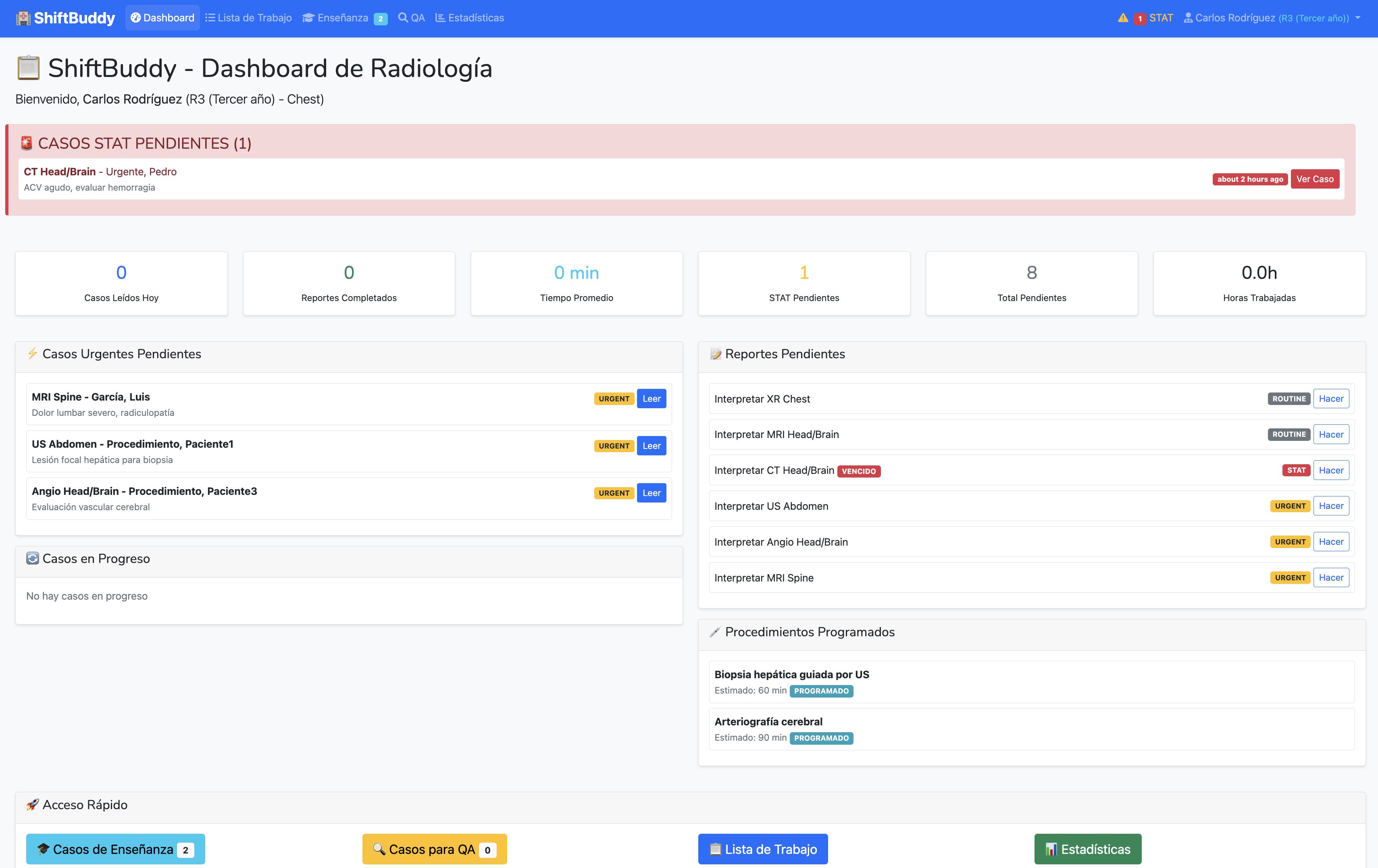 Dashboard with STAT alerts and daily statistics