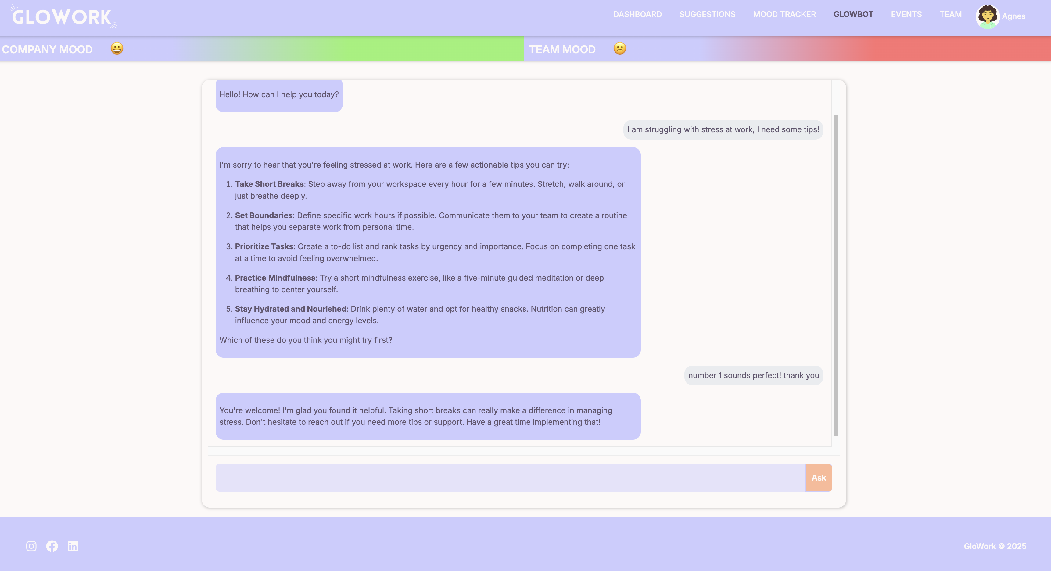 GloBot wellbeing assistant chat interface